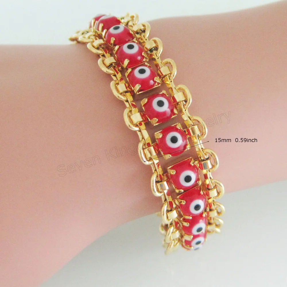 NOVO 7.1 "+ 2" LADY OURO AMARELO GP EVIL EYE CONTAS de VIDRO VERMELHO PADRÃO DE FLOR de PEDRA PULSEIRA/GRANDE PRESENTE/GREAT MONEY MAKER
