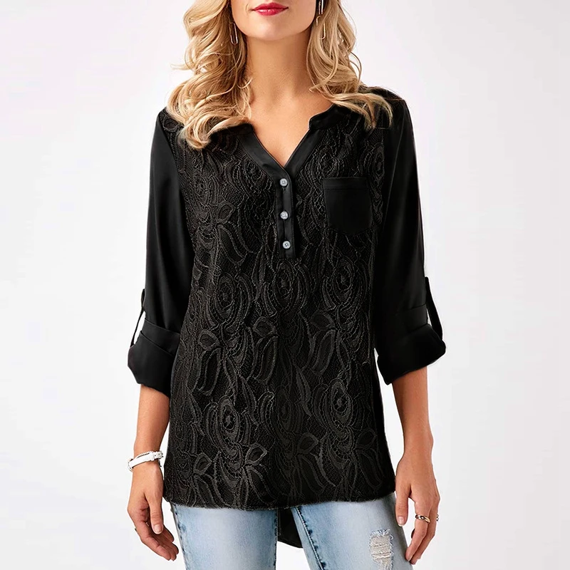 Plus Size S 3XL Elegant Women Chiffon Blouse Shirts Lace Carving Floral