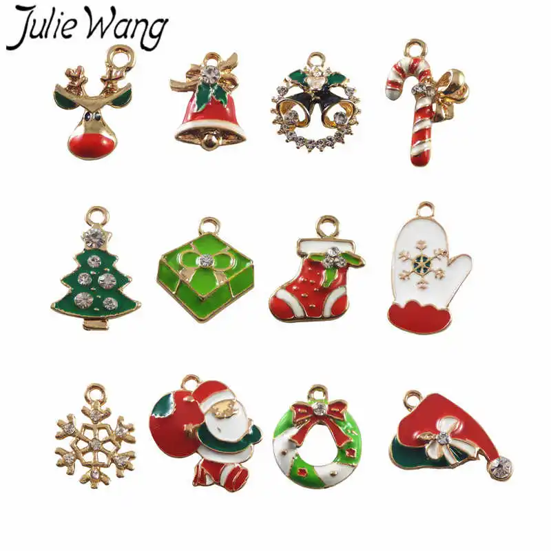 Julie Wang, 12 шт., сплав, эмаль, смешанный, Санта Клаус, Рождественская елка, обувь, олень, снежинка, подвески, подвеска, украшение для изготовления ювелирных изделий