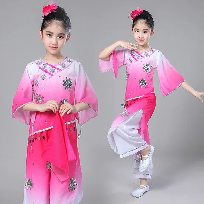 

Children's Fan Dance Clothing Girl Elegant Umbrella Dance Costume Chinese Folk Yangko Jasmine Dancer Wear Kids Dance Outfit