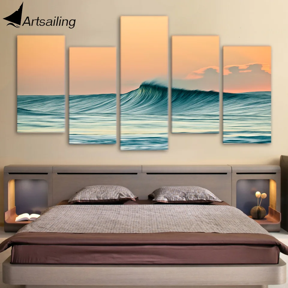 

ArtSailing 5 Painting Canvas Print Sea Waves Canvas Painting Seascape in Sunset Modular Pictures for Home Decor Wooden Frame
