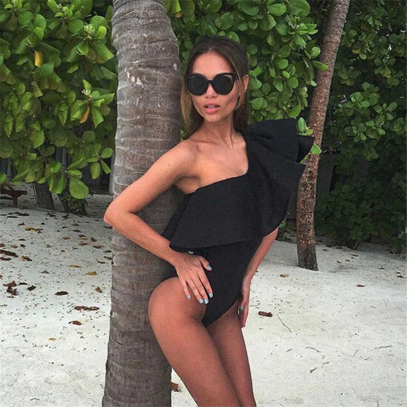 JYConline Ruffles Women Bodysuit Sexy Jumpsuit Black White Body Top One shoulder Bodycon Jumpsuit Sexy Rompers Combinaison Femme black corset bodysuit