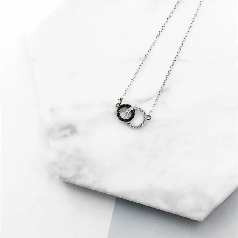 Простые двойные круглые стразы, корейские 925 пробы серебряные темпераментные Модные женские ювелирные изделия, ожерелье SNE016