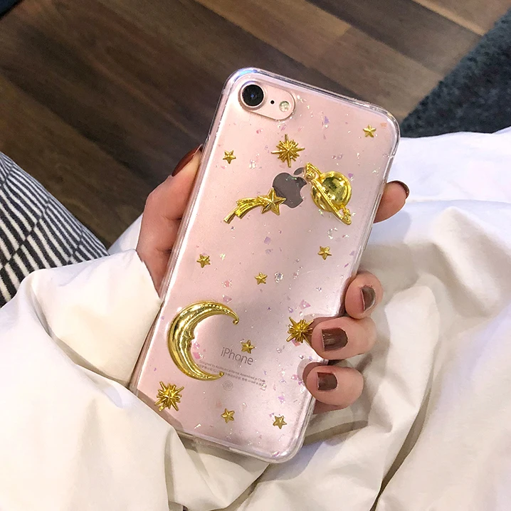 Блестящий чехол с блестками для iphone 6 6s Plus 7 8 Луной космосом звездами блестящие