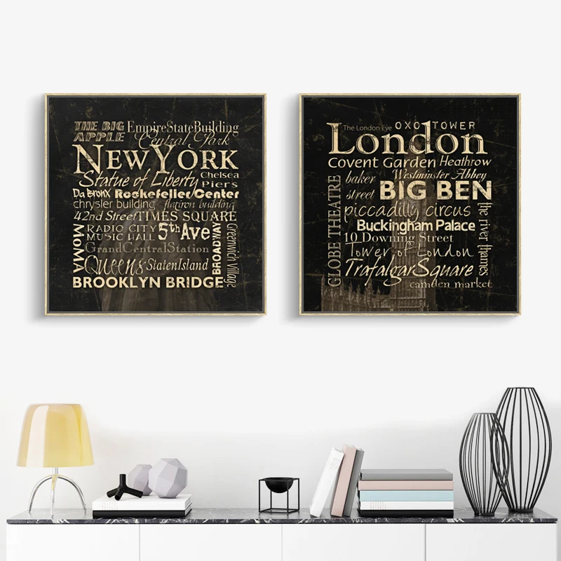 London New York Writing Canvas Painting Quote Oil Paint Home Wall Art