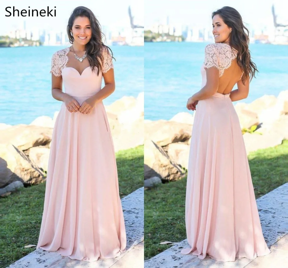 

Blush Pink Country Bridesmaid Dresses Sweetheart Backless Lace Chiffon Beach Garden Wedding Guest Gowns Maid Of Honor Dresses