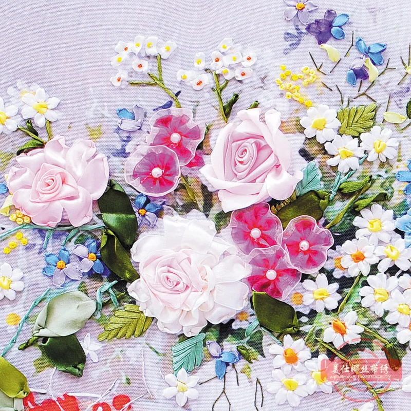 

Ribbon Embroidery & diy Still Life Painting, Color Printed Flowers Picture, Needlework Crafts Cross Stitch Kit Wall Decor C-0104