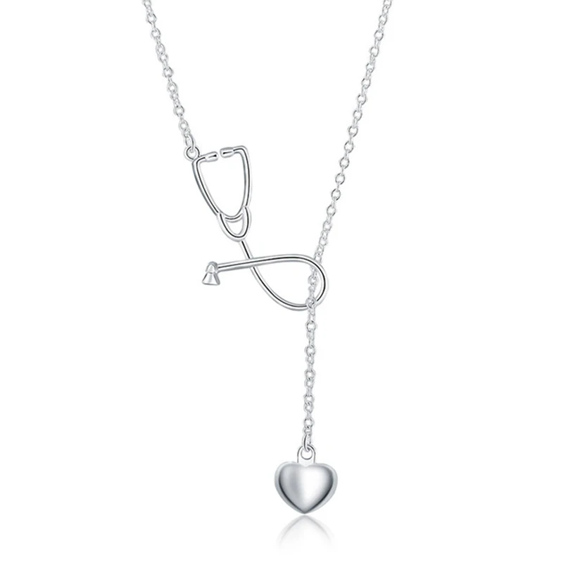 High Quality 925 stamped silver plated Stethoscope Pendant Necklace Heart Doctor Nurse Medical