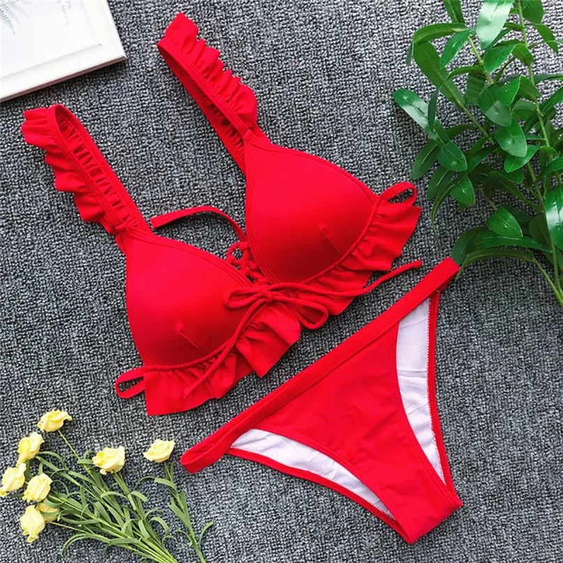Leopard ruffle swimsuit bikini sexy swimsuit Women Bikini Solid Set Swimsuit Two Piece Filled Bra Swimwear Beachwear #2h04 (12)