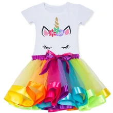 Летнее платье-пачка с единорогом для девочек; платье принцессы радуги для девочек на День рождения; детская праздничная одежда с единорогом; детская одежда