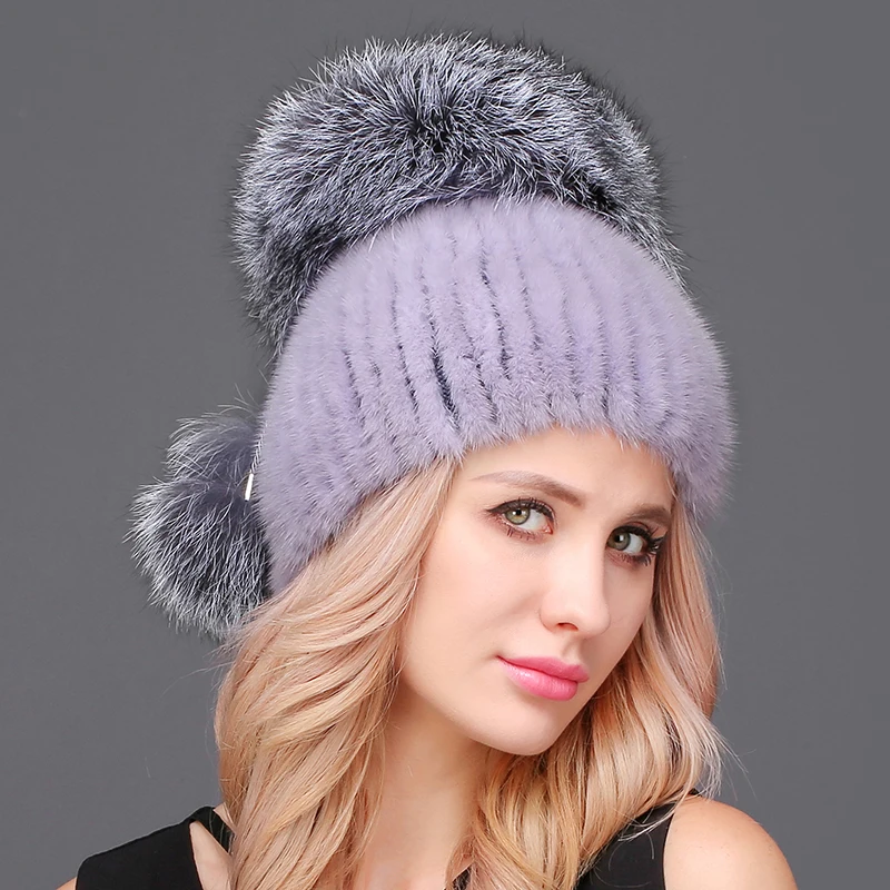 Женские вязаные шапки из меха норки, Высококачественная норковая шапка с роскошными помпонами из меха лисы, женские шапки, зимняя шапка - Цвет: Sky blue
