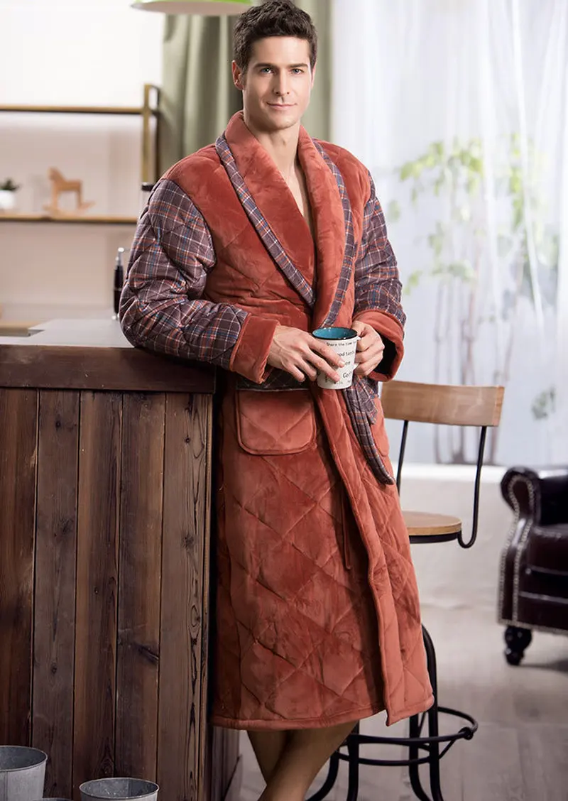 

New Winter Bathrobe Male High-end British Casual Thickening Flannel Cotton Robe Men Home Wear Warm String Dressing Gown