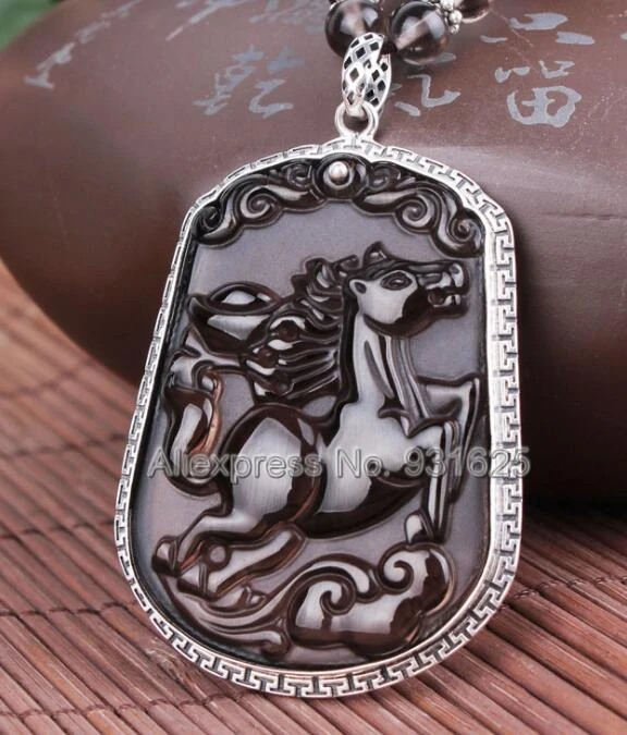

925 Silver Natural Ice Obsidian Hand Carved Chinese Zodiac Horse Amulet Lucky Pendant + Beads Necklace Fashion Charm Jewelry