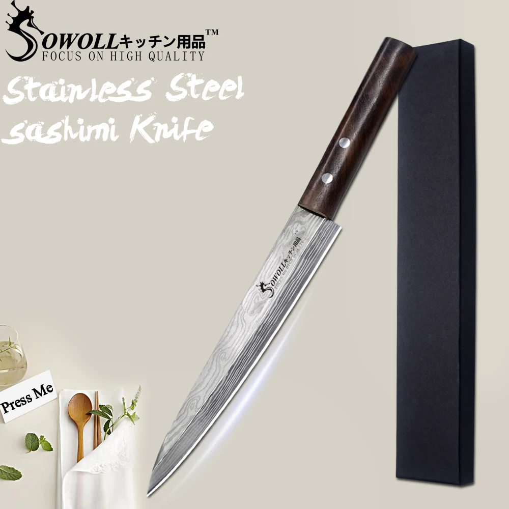 SOWOLL Stainless Steel Sashimi Kitchen Knife Laser Damascus Chef Knife Japanese Salmon Sushi Petty Raw Fish Filleting Knife SOWOLL Stainless Steel Sashimi Kitchen Knife Laser Damascus Chef Knife Japanese Salmon Sushi Petty Raw Fish Filleting Knife