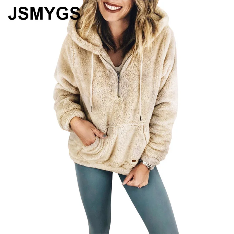 

JSMYGS Winter Warm Thick Hooded Jacket Women Tops Fleece Faux Shearling Pullover Teddy Coat Long Sleeve Zipper Casual Overcoat