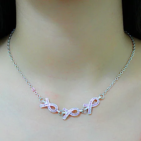 

Free Shipping! Breast Cancer Awareness Three Pink Ribbon Rhinestone Pendant Necklace for World AIDS