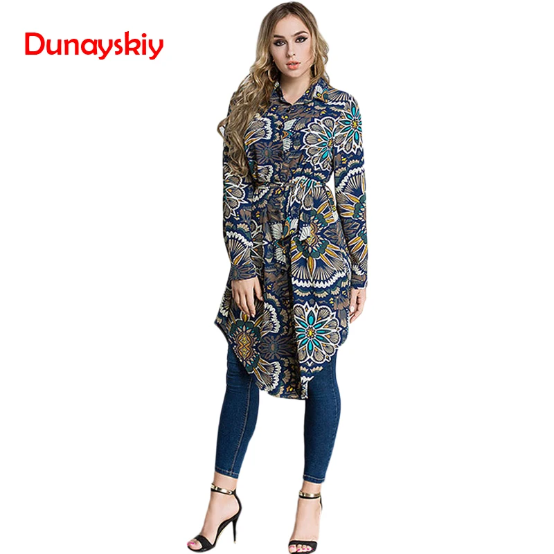 

Dunayskiy Women Plus Size 7XL Blouse Spring Autumn Printed Vintage Long Sleeve Asymmetric Hem Shirt Female Long Tops Fashionable
