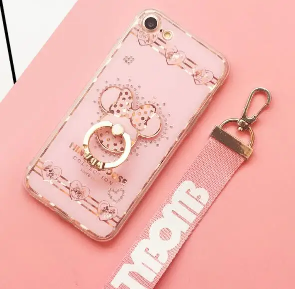 Koop Roze Bling case Voor iPhone 8, glitter telefoon cover voor iPhone 8 7 plus 6 6 s plus Minnie iPhone case sparkles + vinger ring + band