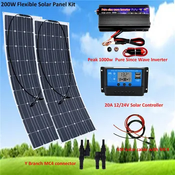 

2PCS 100W 18 Volt Flexible Black Solar Panel + 20A 12/24 Volt LCD Controller 200 Watt Panels Solar Car Battery