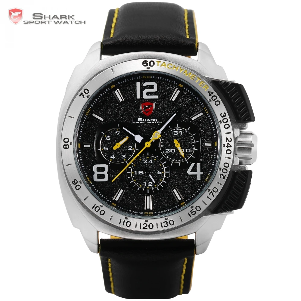 

Tiger Shark Sport Watch New Date 24Hrs Silver Bezel Black Yellow Leather Strap Male Clock Military Quartz Men Wristwatch /SH415