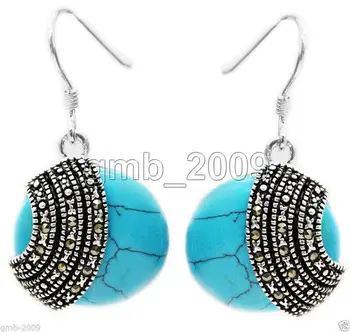 

handmade 925 Sterling Silver 18*18mm Coin Blue Turquose Beads Marcasite Earrings