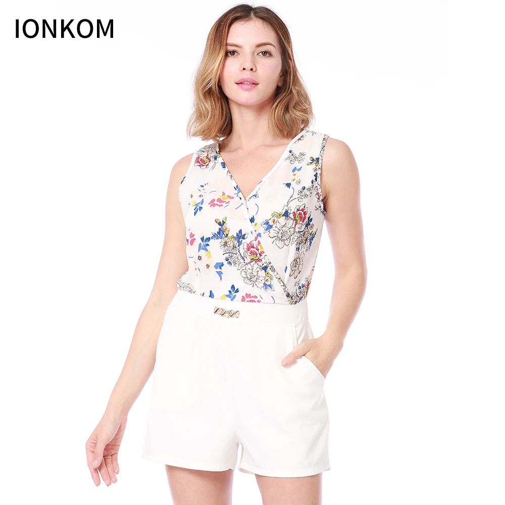 IONKOM Flower Print Keyhole Back Romper 2018 Summer V Neck Sleeveless High Waist Short Jumpsuits Women Bodycon Party | Женская одежда