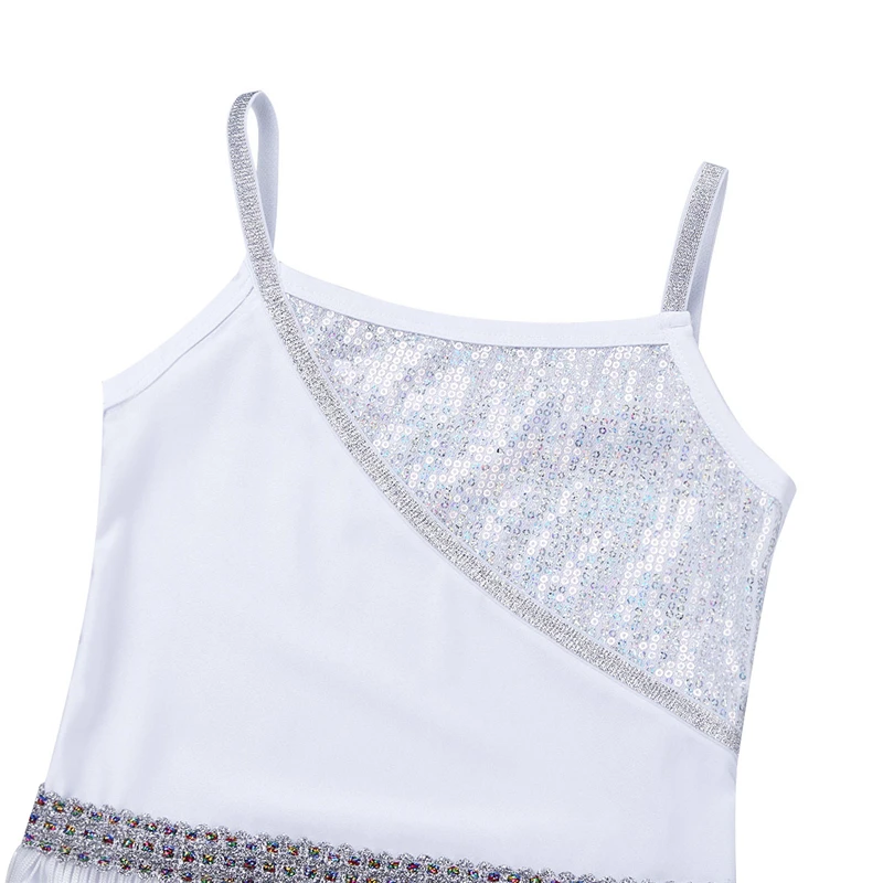 Sexy Sequin Sleeveless Latin Dance Dress Girls Children Kids White Dress Ballroom Rumba Salsa Tango Dance Tassel Dress