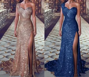 

Elegant Split Sequins Evening Dress 2019 Plus Size One-Shoulder Sleeveless Court Train Evening Party Formal Dress robe de soiree