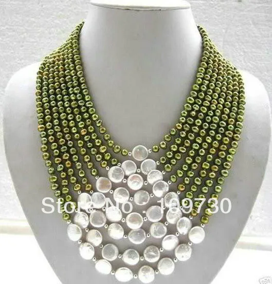 

Jewelry 00684 Fashion charming 6-7mm green Fresh water pearl white coin pearl necklace 8 Rows