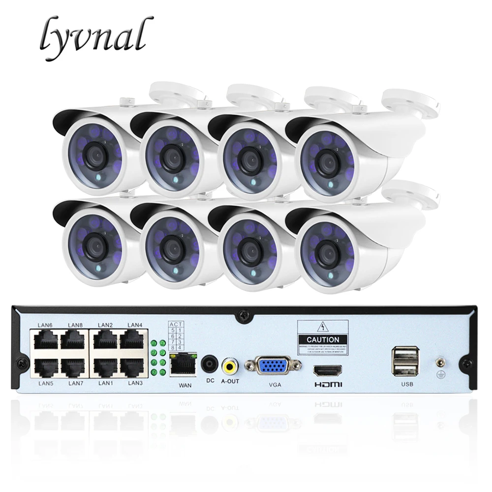 

LYVNAL H.265 poe system bullet 5mp ip camera external poe 48v 8ch POE nvr kit 2tb HDD p2p onvif Security camera plug and play