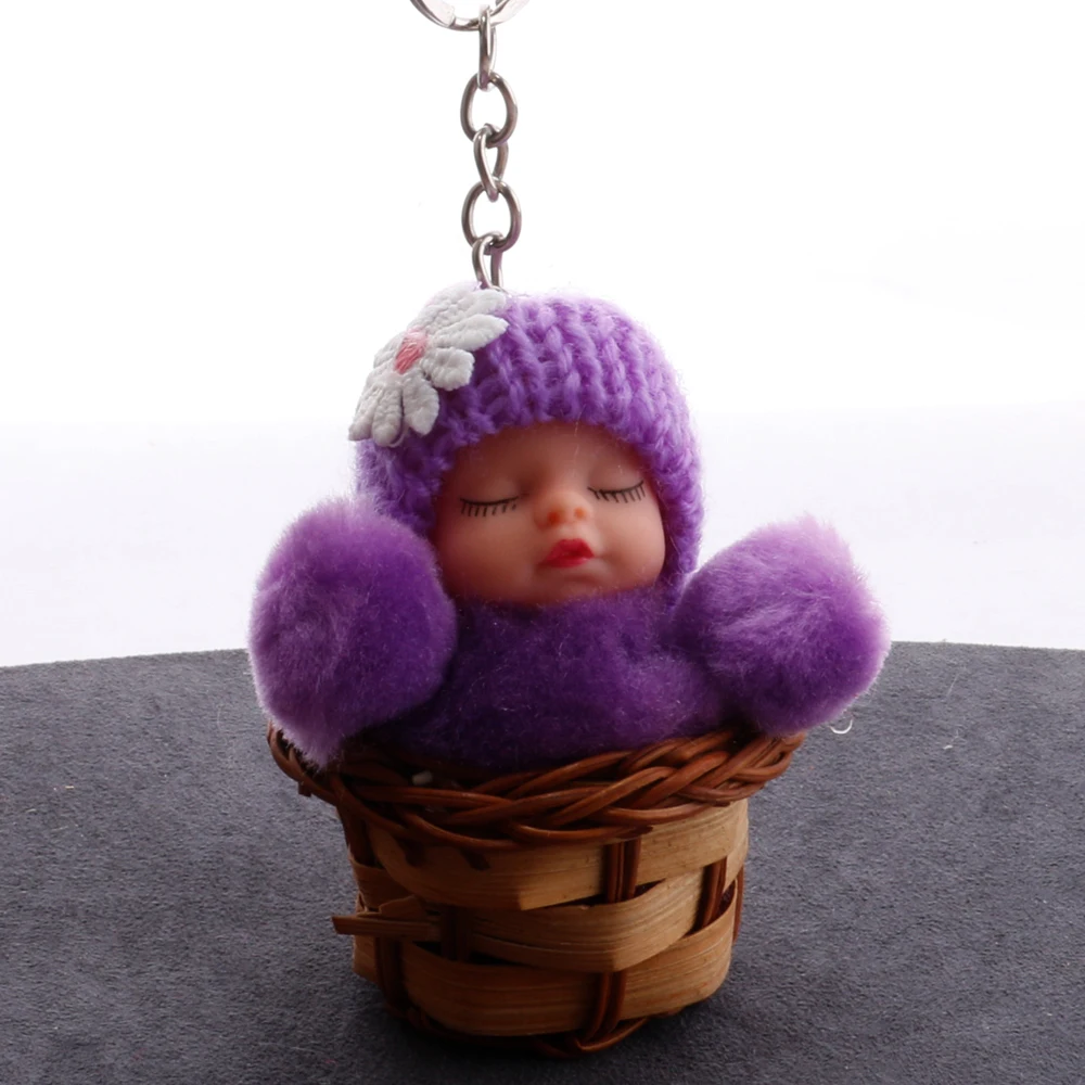 New Sleeping Baby Doll Keychain Fake Rabbit Pompom Fur Ball KeyChain