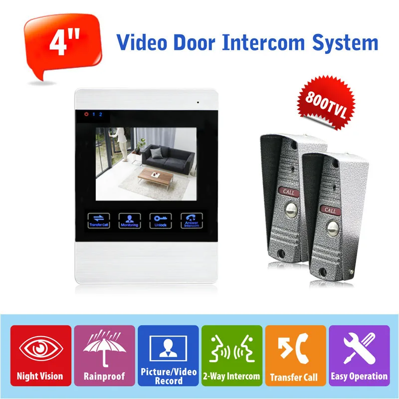 2v1 Video Doorphone System 4" TFT Monitor 800TVL Night Vision Rainproof Entrance