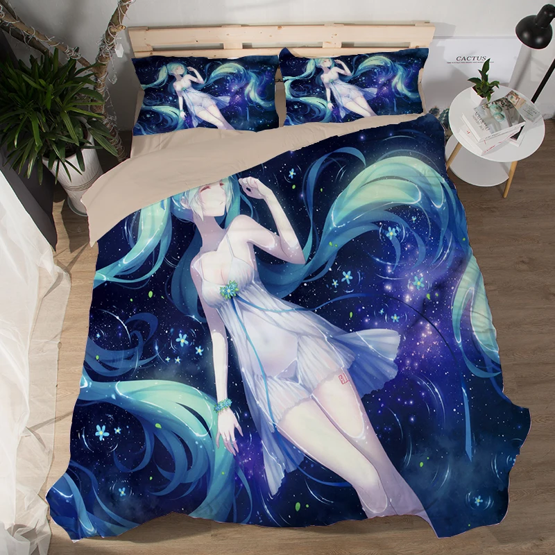 Japanese Anime Magical Mirai Hatsune Miku Bedding Set Bedcover Pillow Case 3/4PCS girls duvet cover sets cartoon blue bedclothes