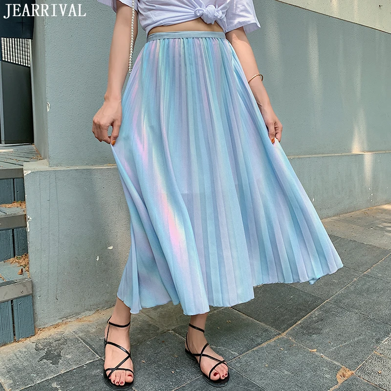 Градиент цвета радуги летние юбки женские Высокая талия длинная юбка корейский стиль повседневные плиссированные макси юбки Mujer