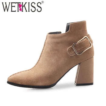 

WETKISS Thick High Heels Women Ankle Boots Pointed Toe Flock Footwear Sewing Boots New Fashion Female Shoes Super Big Size 32-47