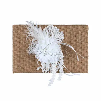 

Fashion Wedding Decor Wedding Guest Book Burlap Fabric With Ribbons Feathers for Party Decor 25x16cm Wedding Favors Gifts