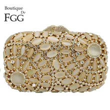 Бутик De FGG выдалбливают Элегантные опаловые кристаллы камней Женская золотистая вечерняя сумочка металлический клатч Minaudiere Сумочка Свадебная вечеринка сумка