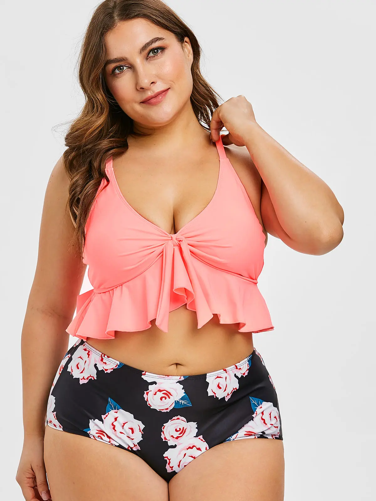 ROSEGAL Women Plus Size 5XL Ruffle Hem Floral Print Swim Set Two Pieces Casual Beach Plunging Neck High Waist Bathing Suit | Женская