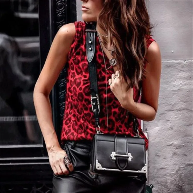 Женская мода леопардовая печать кружева топы сексуальный жилет Мода без рукавов Фиолетовый Топ с рюшами повседневная одежда - Цвет: Красный