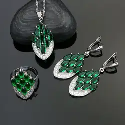 925 пробы серебро Обручение Ювелирные наборы для Для женщин украшения зеленые камни белый Кристаллические серьги кольцо Цепочки и ожерелья
