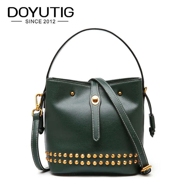 

DOYUTIG Vintage Women's Genuine Leather Rivet Bucket Bags Classical Real Cow Leather Handbags For Lady Luxury Shoulder Bag F614