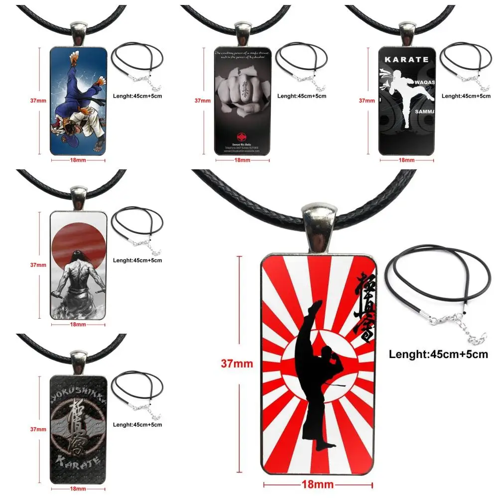 

For Unisex Gift Kyokushin Karate Symbol Glass Cabochon Jewelry Stainless Steel Color With Long Pendant Choker Rectangle Necklace