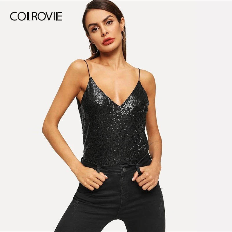 

COLROVIE Black V Neck Sequin Cami Party Top Womens Clothing 2019 Spring Fashion Maroon Spaghetti Strap Backless Sexy Shirt Vest