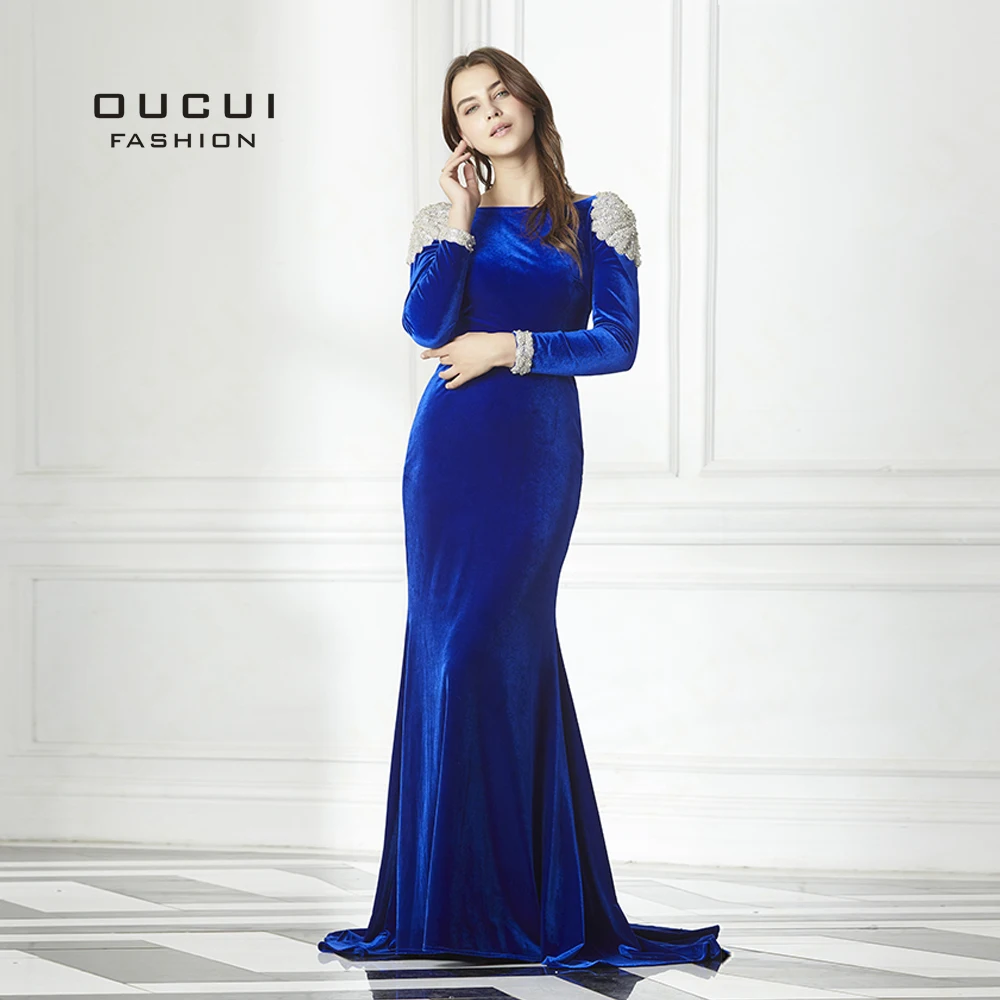 

Royal Blue Handmade Beading Long Prom Dresses 2019 Full Sleeves V backless Abiye Fashion Formal Mermaid Evening Gowns OL103073