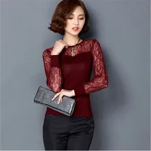 Пикантные однотонные с О-образным вырезом горловины, сужающаяся к талии открытое кружевное лоскутное изделие c длинным рукавом полный рукав трикотажные безрукавки, футболка для женщин, женская футболка