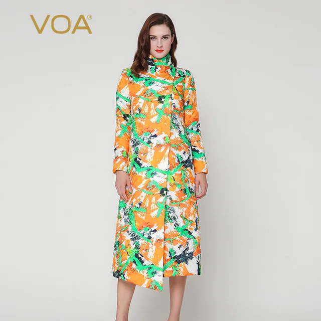 Cheap VOA yellow green white stand collar jacquard silk long down cotton-padding jacket female irregular parkas M7232
