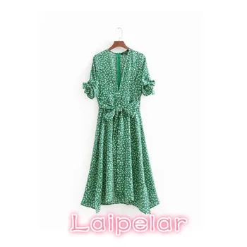 

Summer vintage floral print wrap dress V neck bow tie sashes short sleeve female streetwear chic mid calf dresses vestidos