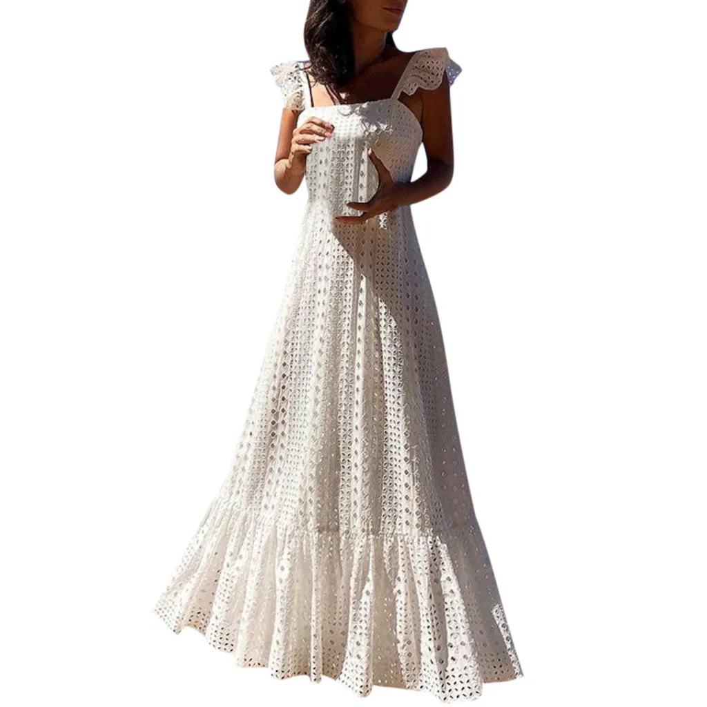 

Ladies Sling Large Solid Bohemian Lace Dress Cover Up BeachCover Up Plus SizeVestido Playa One-Sleeve Sleeveless MaxiDress #YL10