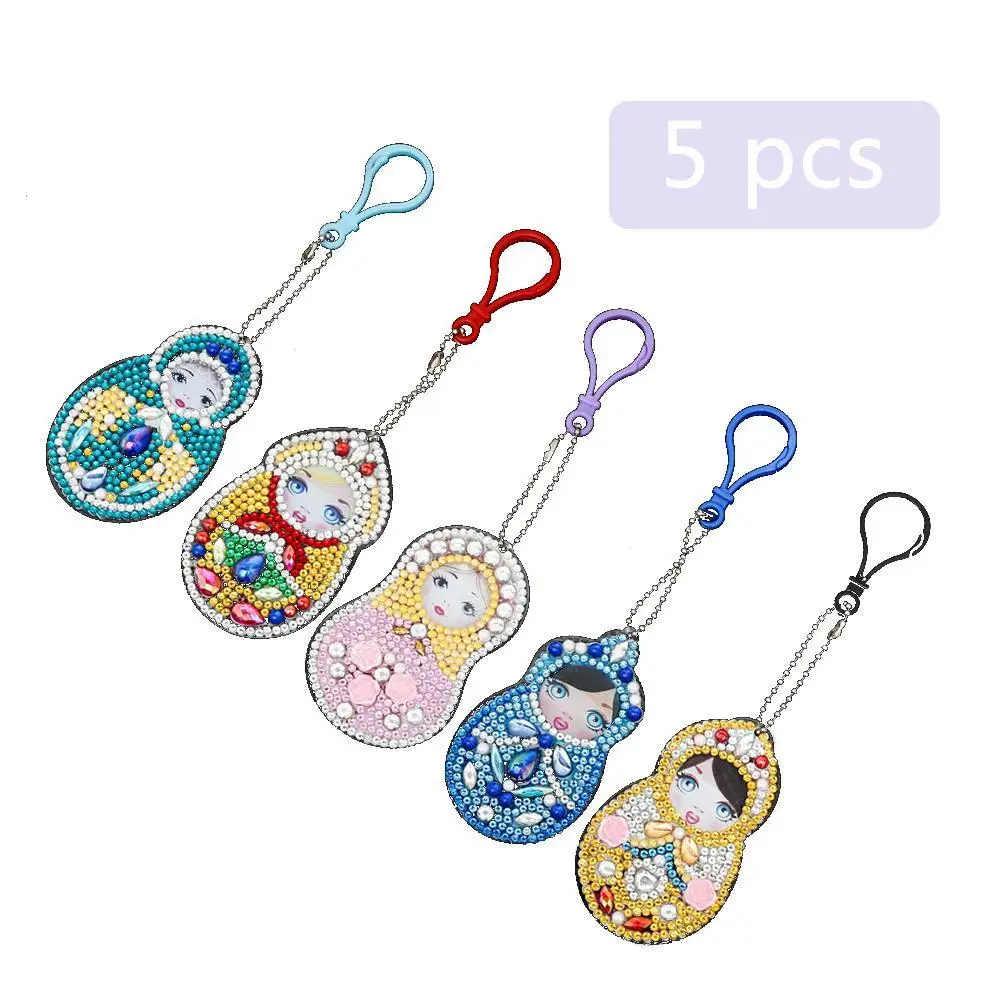 

5Pcs/Set DIY Crystal Pattern Diamond Embroidery Russian Dolls Fruit Heart 5D Diamond Painting Key Chain Round Diamond Decoration