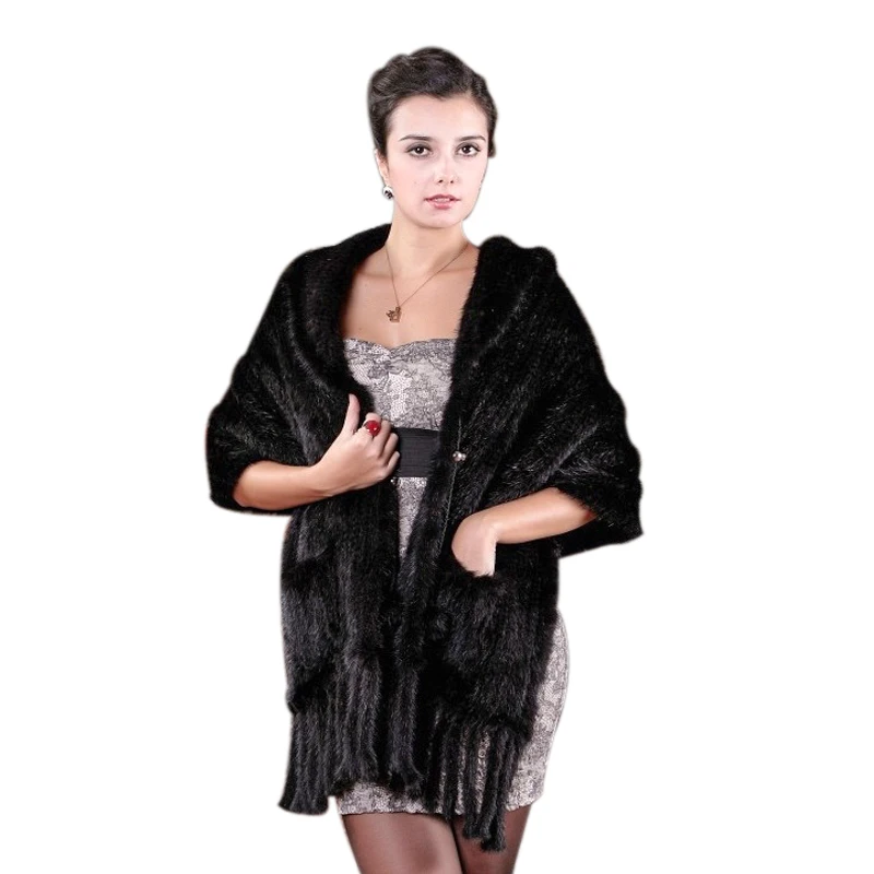 

New women fur shawl Genuine Fashion mink shawl Lantern-style fringed scarves Mink knit scarf